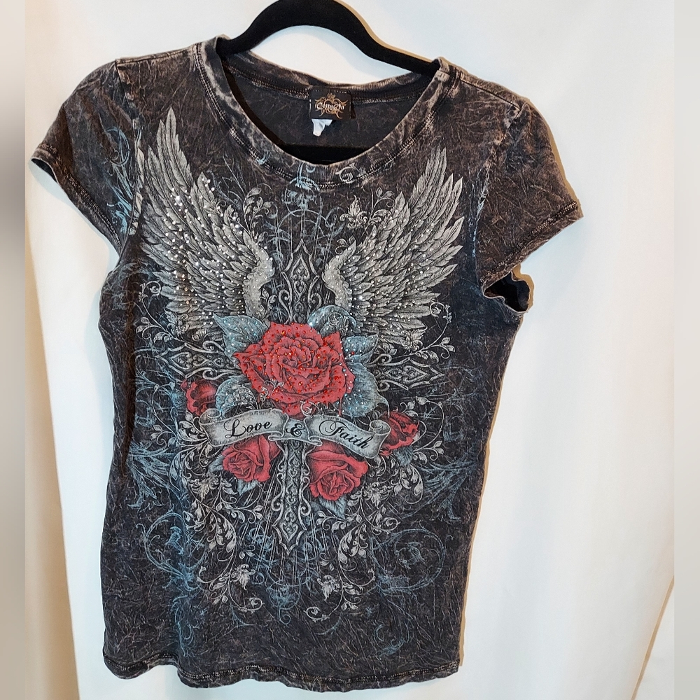 Edgy Black Tee with Red Rose and Wing Bling Design